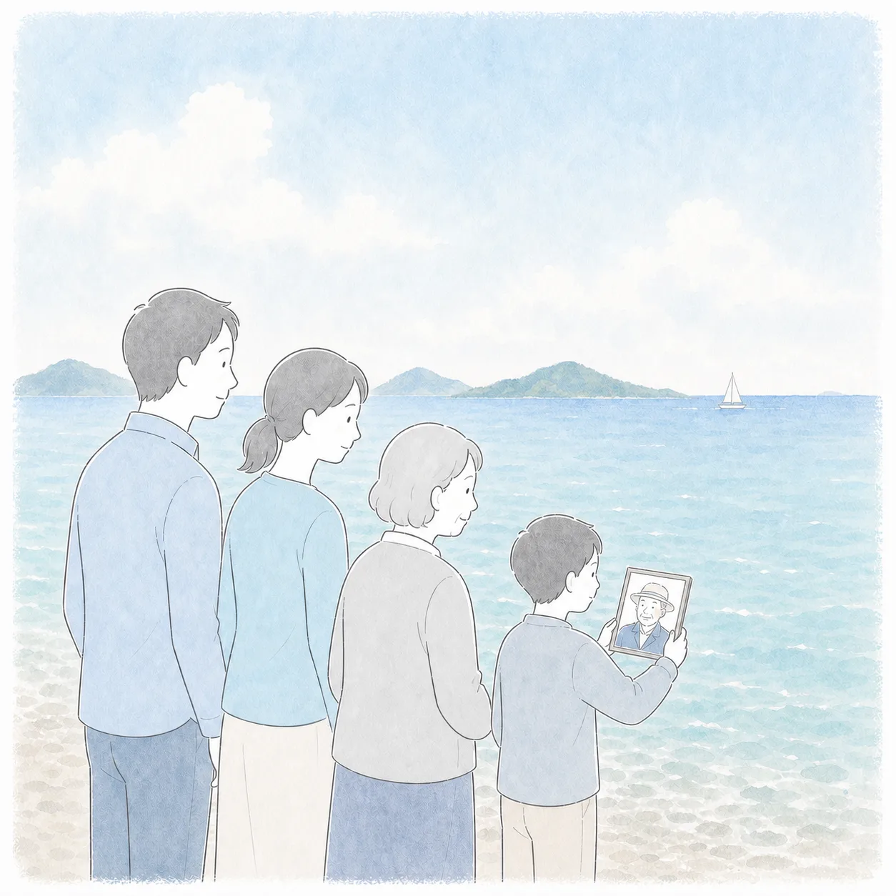 家族で海を見ながら故人を見送る様子