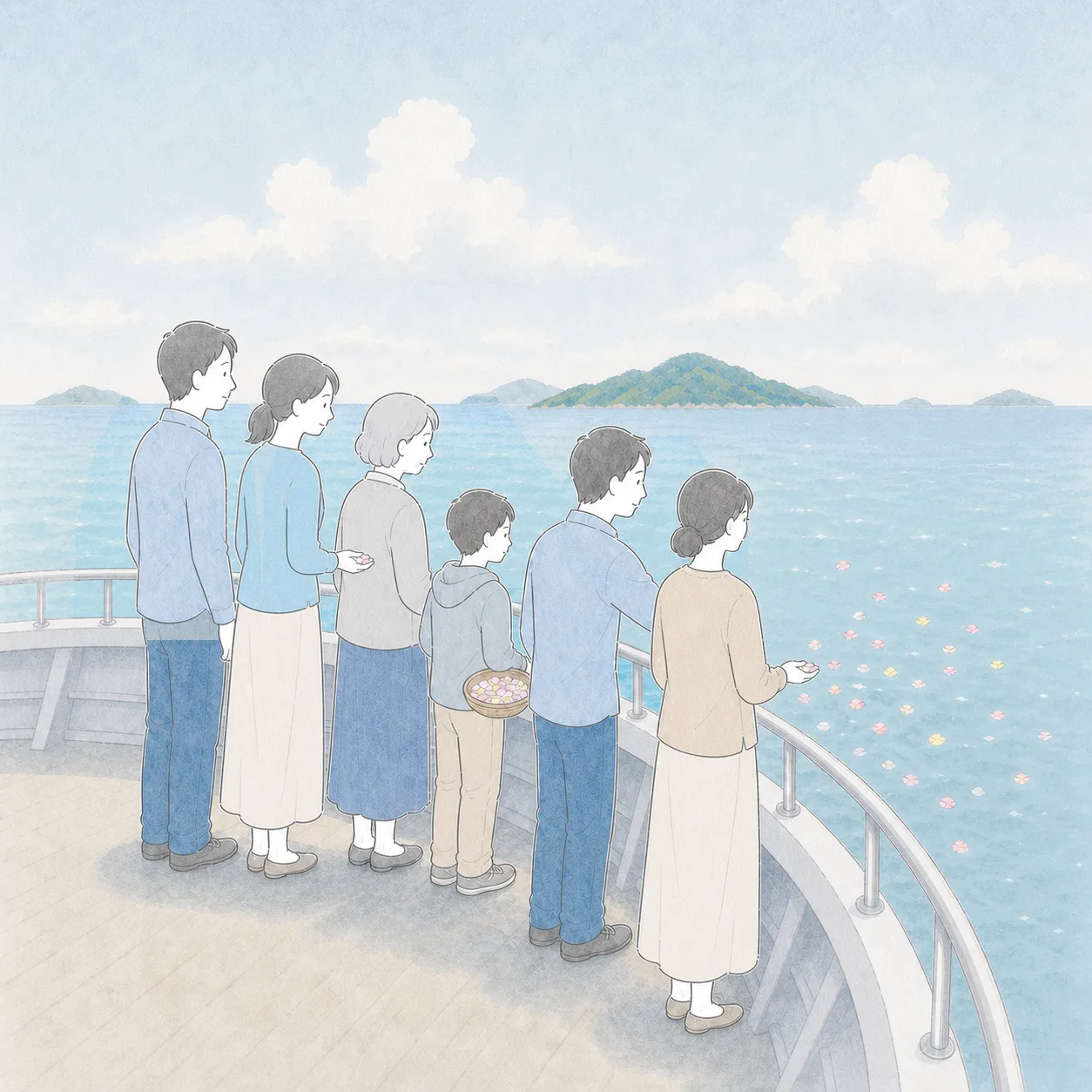 家族で海を見ながら故人を見送る様子