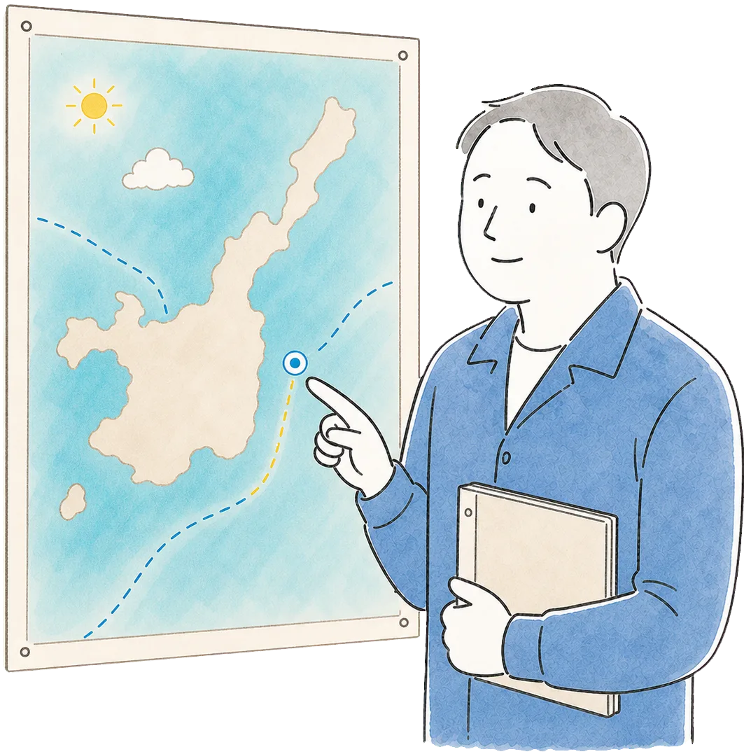 海況を確認して散骨ポイントを選ぶ船長のイラスト
