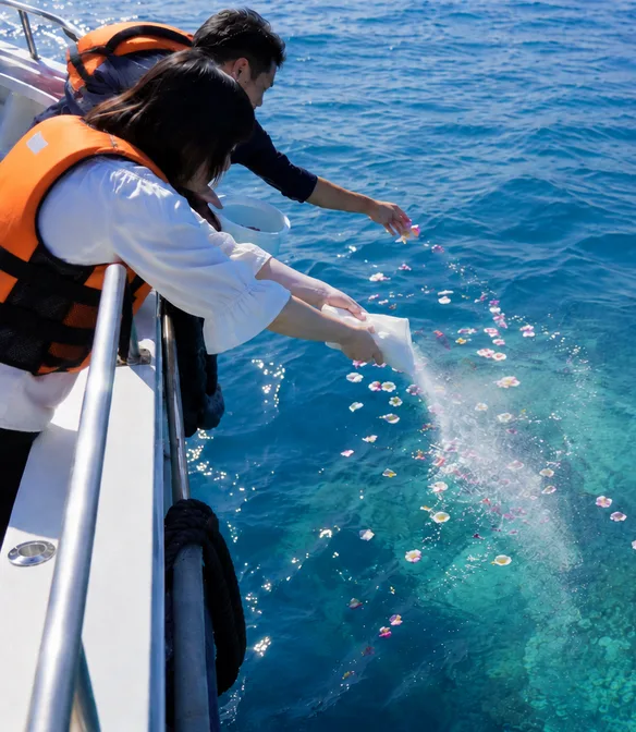 ご遺族が船上から石垣島の海へ散骨する様子
