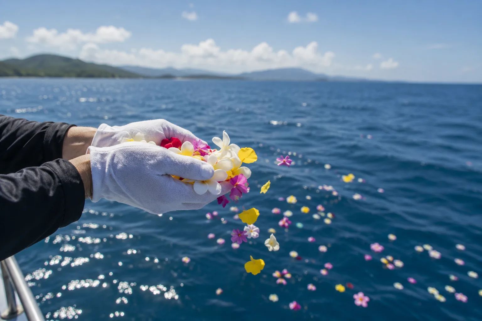 白い手袋で花を石垣島の海へ手向ける様子