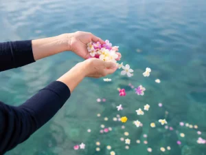 海へ花を手向ける様子