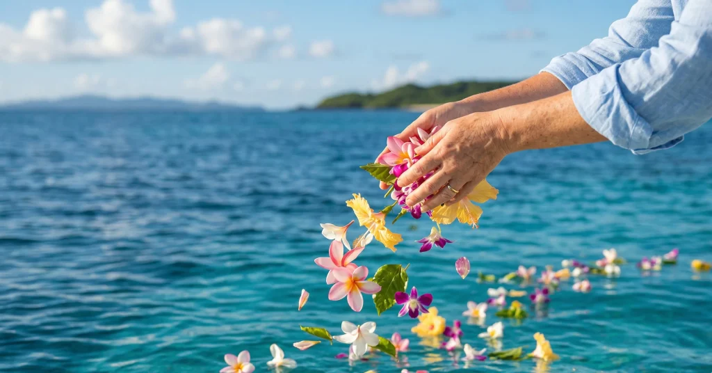 海洋散骨の献花を海に撒いている祖母の腕の写真